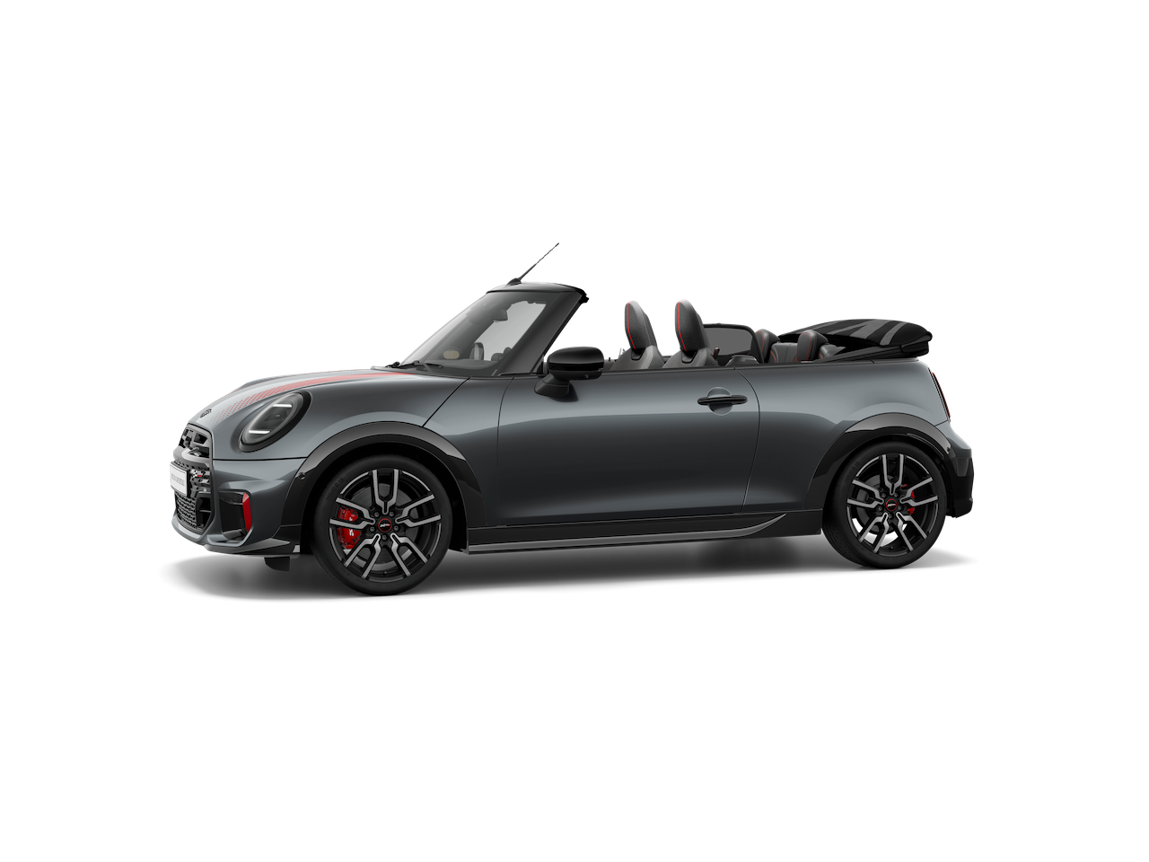 Ein MINI Cooper Cabrio steht seitlich dargestellt vor einem dunklen Hintergrund.